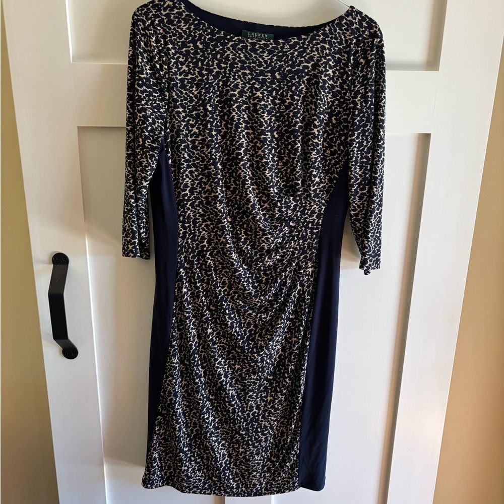 Lauren Ralph Lauren Sheath Dress Navy Blue Beige Animal Print W/ Ruching Size 14